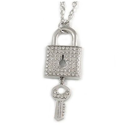 Statement Crystal Lock and Key Pendant with Chunky Long Chain In Silver Tone - 68cm Long
