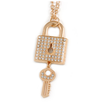 Statement Crystal Lock and Key Pendant with Chunky Long Chain In Gold Tone - 68cm