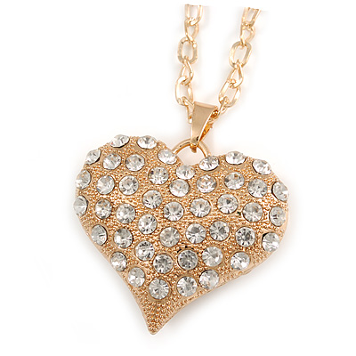 Clear Crystal Puffed Heart Pendant with Long Chunky Chain In Gold Tone Metal - 70cm L