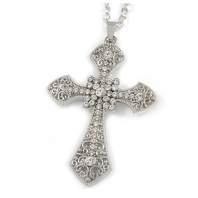 Large Crystal Filigree Cross Pendant with Chunky Long Chain In Silver Tone - 70cm L - main view