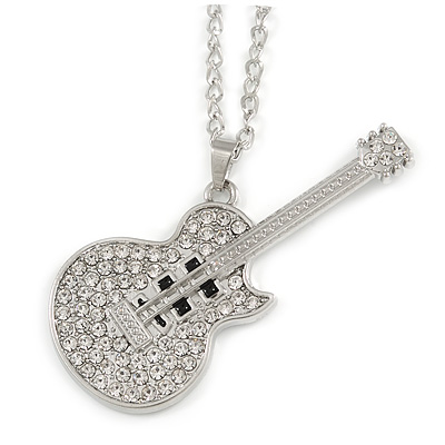 Statement Crystal Guitar Pendant with Long Chunky Chain In Silver Tone - 68cm L