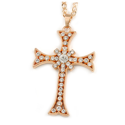 Large Crystal Cross Pendant with Chunky Long Chain In Gold Tone - 66cm L - main view