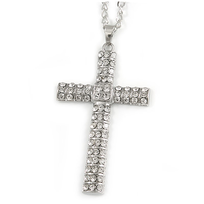 Statement Crystal Cross Pendant with Chunky Long Chain In Silver Tone - 70cm L