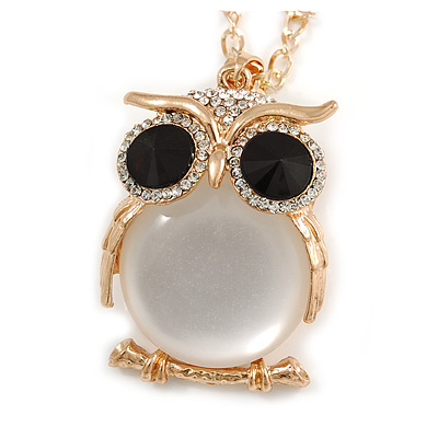 Large Crystal Owl Pendant with Chunky Chain In Gold Tone - 70cm L