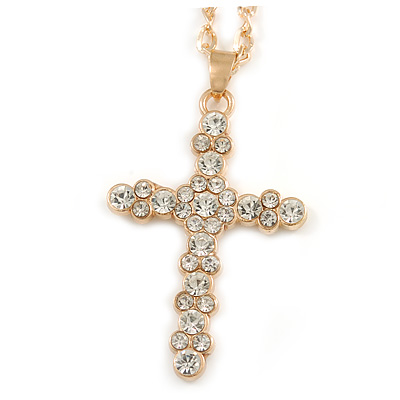 Medium Crystal Cross Pendant with Chunky Long Chain In Gold Tone - 66cm L