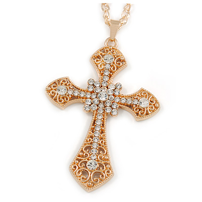 Large Crystal Filigree Cross Pendant with Chunky Long Chain In Gold Tone - 66cm L - main view