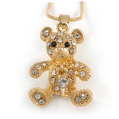 Small Crystal Bear with Dangling Key Pendant with Snake Type Chain In Gold Tone - 40cm L/ 5cm Ext