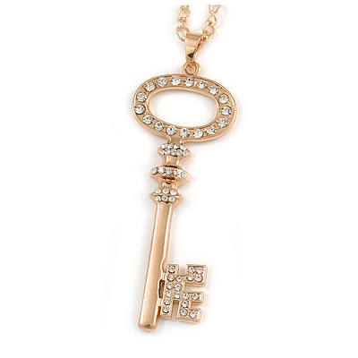 Statement Crystal Key Pendant with Long Chunky Chain In Gold Tone - 70cm L