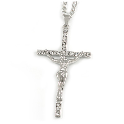 Statement Crystal Cross Pendant with Chunky Long Chain In Silver Tone - 70cm L