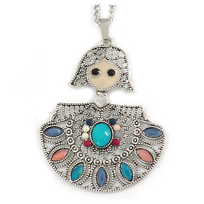 Multicoloured Beaded Doll Pendant with Long Chain In Silver Tone - 70cm L/ 5cm Ext