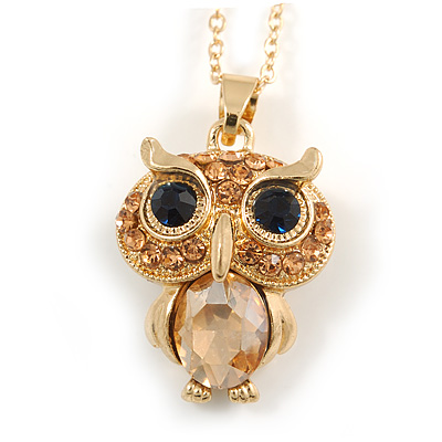Small Champagne Coloured Crystal Owl Pendant with Gold Tone Chain - 42cm L/ 5cm Ext