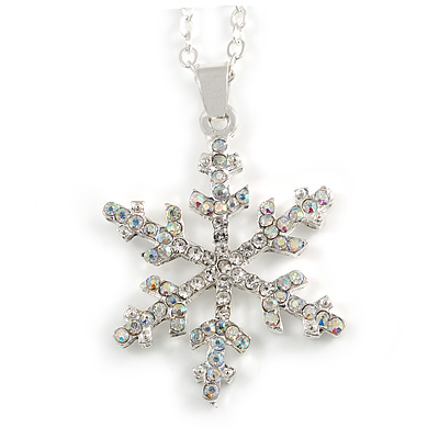Christmas Clear/ AB Snowflake Pendant with Silver Tone Chain - 40cm L/ 5cm Ext
