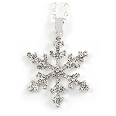 Christmas Clear Snowflake Pendant with Silver Tone Chain - 40cm L/ 5cm Ext