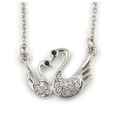 Delicate Crystal Double Swan Pendant With Silver Tone Chain - 42cm L/ 5cm Ext