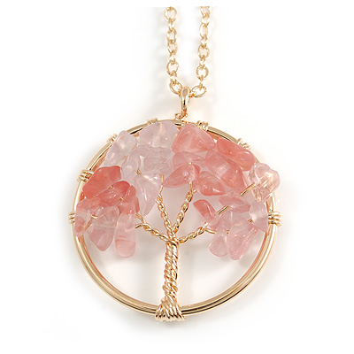 'Tree Of Life' Open Round Pendant Rose Quartz Semiprecious Stones with Gold Tone Chain - 44cm