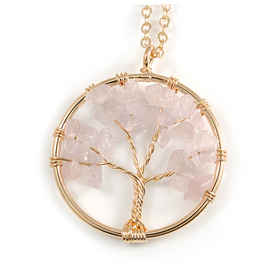 'Tree Of Life' Open Round Pendant Rose Quartz Semiprecious Stones with Gold Tone Chain - 44cm - main view