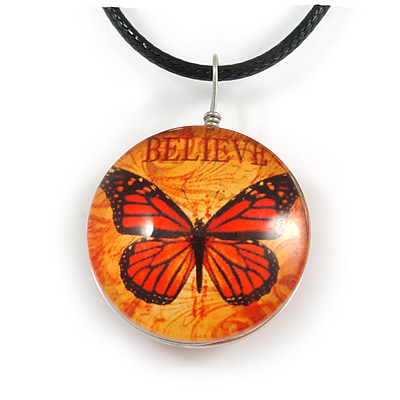 Delicate Round Glass Butterfly (Two-sided) Pendant with Black Cord (Orange/ Black) - 42cm L/ 5cm Ext