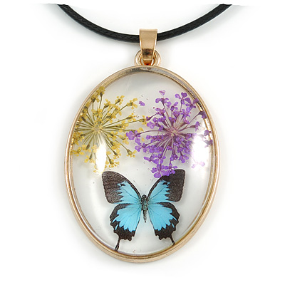 Oval Multi Butterfly Glass Pendant with Black Cord - 42cm L/ 5cm Ext (Each piece is handmade individually thus comes with a different owl design)