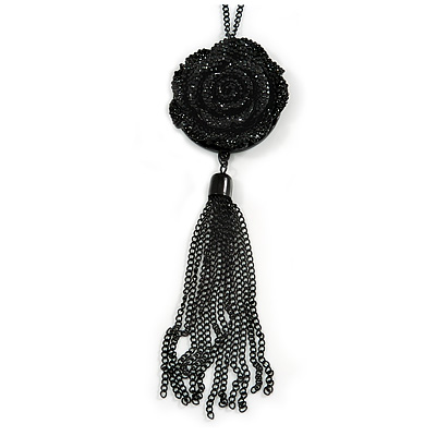 Romantic Rose Motif Chain Tassel Pendant with Black Tone Chain Necklace - 70cm L/ 7cm Ext/ 13cm Pendant