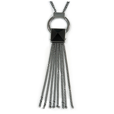 Long Chain Tassel Black Glass Bead Pendant with Black Tone Metal Chain Necklace - 72cm L/ 7cm Ext/ 14cm Pendant