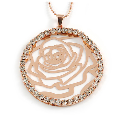 Vintage Inspired Rose Gold Crystal Off Round Rose Motif Pendant with Beaded Chain - 80cm L/ 8cm Ext - main view