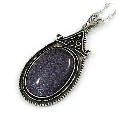 Victorian Style Blue Goldstone Oval Pendant with Silver Tone Chain - 70cm Long