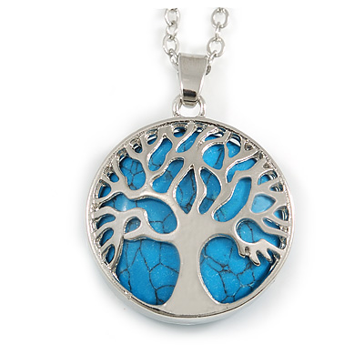 Round Turquoise Stone Tree Of Life Pendant with Silver Tone Chain - 70cm Long