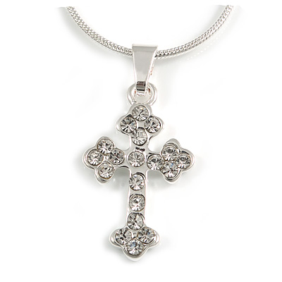 Small Clear Crystal Cross Pendant with Snake Type Chain In Silver Tone - 44cm L/ 4cm Ext