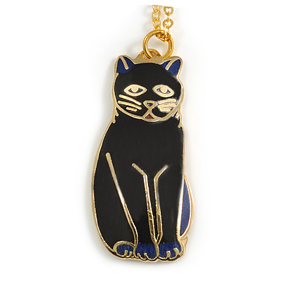 Black/ Blue Enamel Cat Pendant with Gold Tone Chain - 44cm L/ 5cm Ext - main view