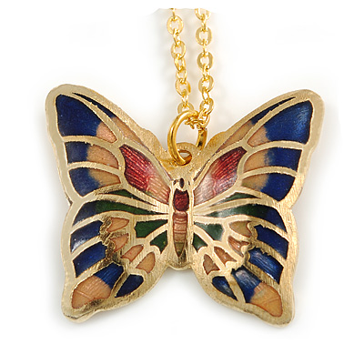 Small Butterfly Pendant with Gold Tone Chain in Blue/ Pink/ Green Enamel - 44cm L/ 5cm Ext