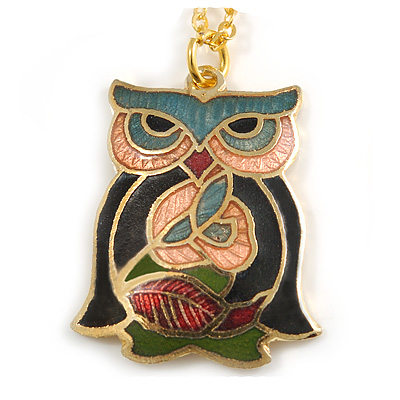 Multicoloured Enamel Owl Pendant with Gold Tone Chain - 44cm L/ 5cm Ext - main view