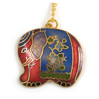 Multicoloured Enamel Elephant Pendant with Gold Tone Chain - 44cm L/ 5cm Ext