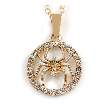 18mm D/ Clear Crystal Spider Pendant with Chain in Gold Tone - 40cm L/ 4cm Ext