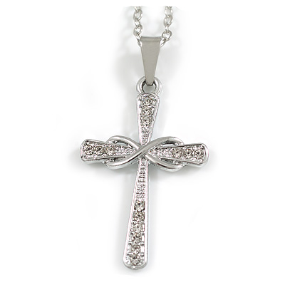 Crystal Small Cross Pendant with Silver Tone Chain - 42cm L/ 4cm Ext