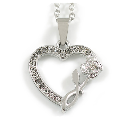 Small Rose in The Heart Crystal Pendant with Silver Tone Chain - 42cm L/ 5cm Ext