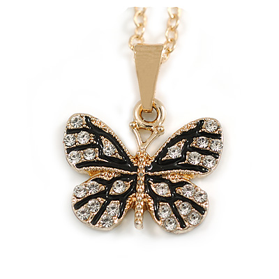 20mm Across/ Small Crystal Butterfly Pendant with Chain in Gold Tone - 40cm L/ 4cm Ext