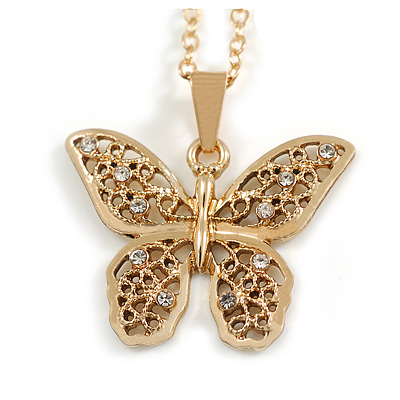 Gold Tone Clear Crystal Butterfly Pendant with Gold Tone Chain - 42cm L/ 4cm Ext