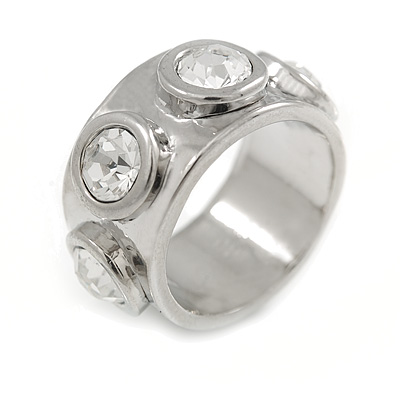 Four Clear Crystal Silver Band Fashion Ring - main view