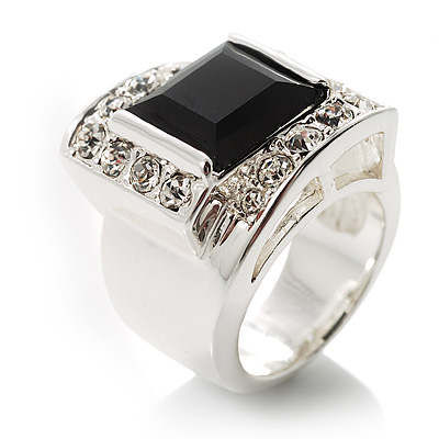 Emerald-Cut Black CZ Wide Band Fashion Ring