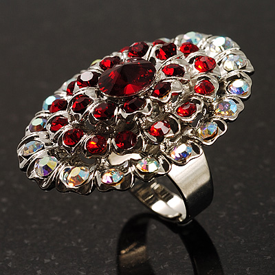 Large Oval-Shaped Crystal Cocktail Ring (Red)