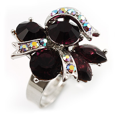 Rhodium Plated Crystal Cluster Fashion Ring (Violet&Purple)