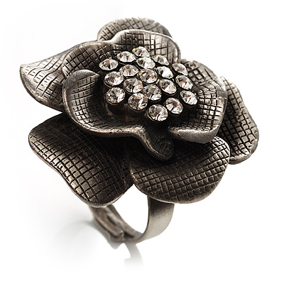 Antique Silver Crystal Rose Cocktail Ring