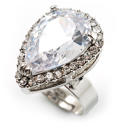 Pear-Cut Clear Crystal Ring (Silver-Tone)