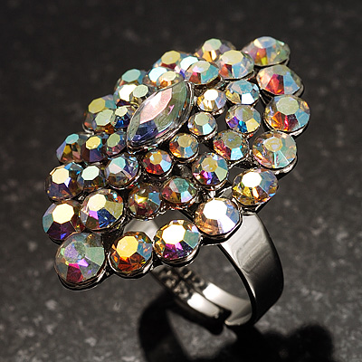 Rhodium Plated Iridescent AB Crystal Cocktail Ring