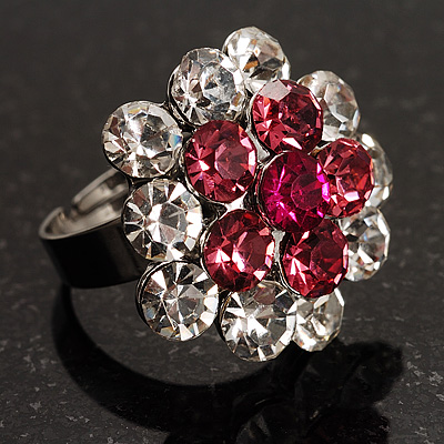 Clear And Pink Crystal Cluster Ring