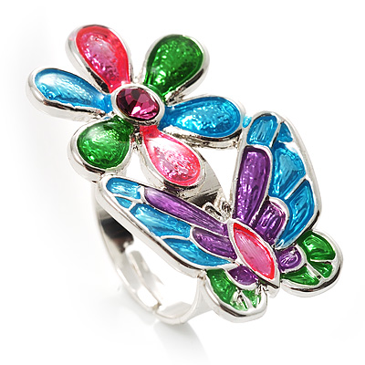 Multicolour Enamel Flower And Butterfly Ring