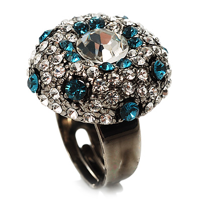 Crystal Dome Shaped Cocktail Ring (Icy Clear&Teal Blue)
