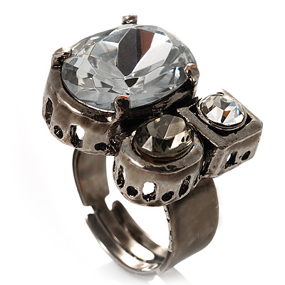 Bold Crystal Cluster Cocktail Ring (Clear & Dim Grey)