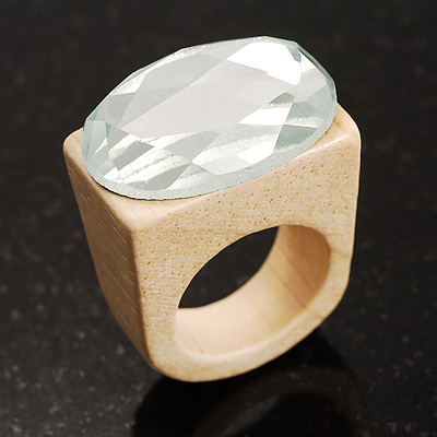 Clear Crystal Oval Glass Wooden Ring (Cream)