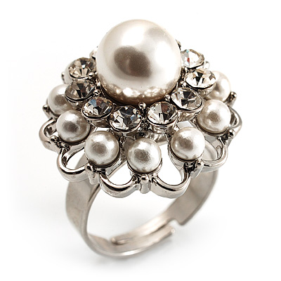 White Faux Pearl Crystal Dome Shape Ring (Silver Tone)